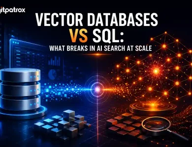 Futuristic illustration comparing vector databases and SQL databases for AI search systems, showing semantic vector networks, structured relational databases, and hybrid retrieval infrastructure with Digitpatrox branding.