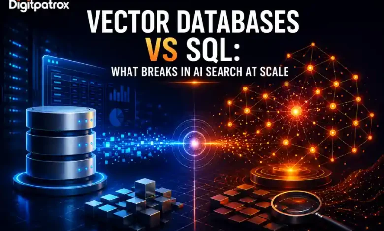 Futuristic illustration comparing vector databases and SQL databases for AI search systems, showing semantic vector networks, structured relational databases, and hybrid retrieval infrastructure with Digitpatrox branding.