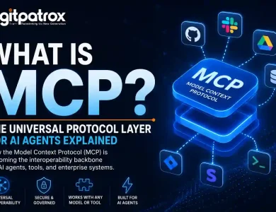 Futuristic featured image explaining the Model Context Protocol (MCP) as the universal interoperability layer for AI agents, showing MCP architecture connecting tools like GitHub, Slack, databases, and enterprise systems.