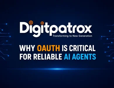 Digitpatrox featured image showing OAuth security concepts for AI agents with shield, token rotation, API access, and futuristic authentication design.