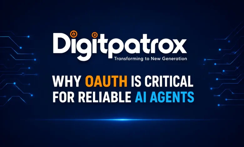 Digitpatrox featured image showing OAuth security concepts for AI agents with shield, token rotation, API access, and futuristic authentication design.