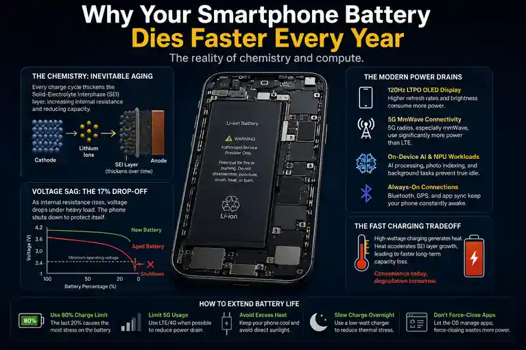Infographic explaining why smartphone batteries degrade over time, including lithium-ion aging, voltage sag, fast charging heat, 5G power drain, and on-device AI processing.