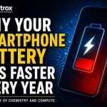 Featured image showing a low-battery smartphone with AI and 5G icons alongside the title “Why Your Smartphone Battery Dies Faster Every Year” and the Digitpatrox logo.