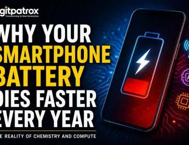 Featured image showing a low-battery smartphone with AI and 5G icons alongside the title “Why Your Smartphone Battery Dies Faster Every Year” and the Digitpatrox logo.