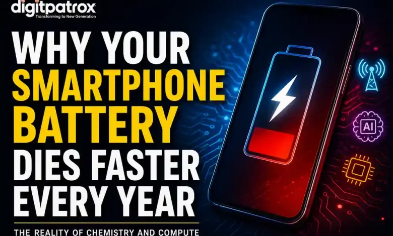 Featured image showing a low-battery smartphone with AI and 5G icons alongside the title “Why Your Smartphone Battery Dies Faster Every Year” and the Digitpatrox logo.