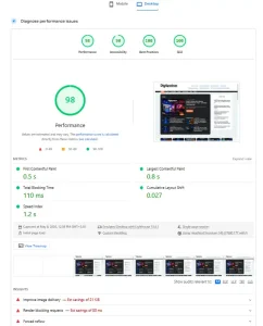 Optimized WordPress desktop PageSpeed Insights report showing 98 performance score and improved Core Web Vitals