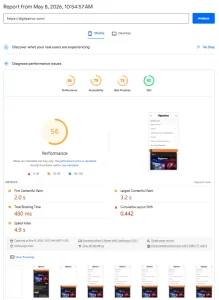 WordPress mobile PageSpeed Insights report before optimization showing poor Core Web Vitals and slow performance metrics