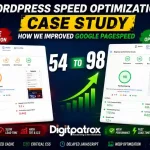Optimized WordPress desktop PageSpeed Insights report showing 98 performance score and improved Core Web Vitals