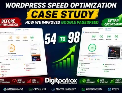 Optimized WordPress desktop PageSpeed Insights report showing 98 performance score and improved Core Web Vitals