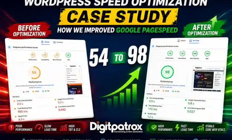 Optimized WordPress desktop PageSpeed Insights report showing 98 performance score and improved Core Web Vitals