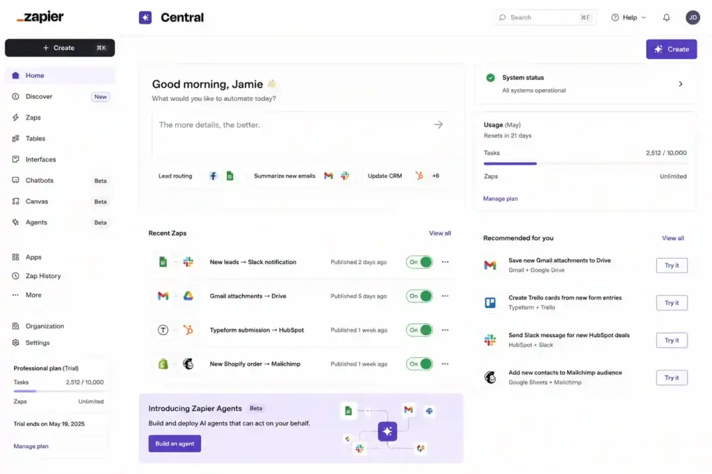 Modern Zapier Central dashboard interface showing AI automation workflows, task management, integrations, and productivity tools.