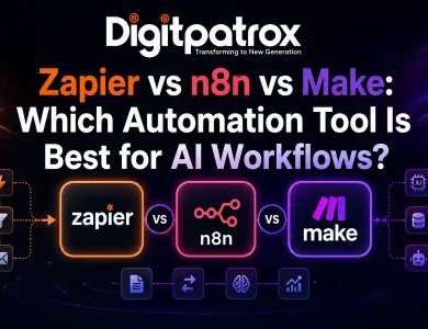 Featured image comparing Zapier, Make, and n8n for AI workflows and automation scaling in 2026.