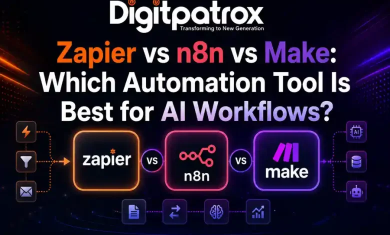 Featured image comparing Zapier, Make, and n8n for AI workflows and automation scaling in 2026.
