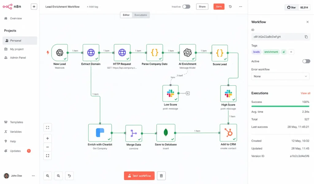 n8n workflow automation interface showing a multi-step AI lead enrichment pipeline with API integrations, Slack routing, CRM automation, and AI processing nodes.