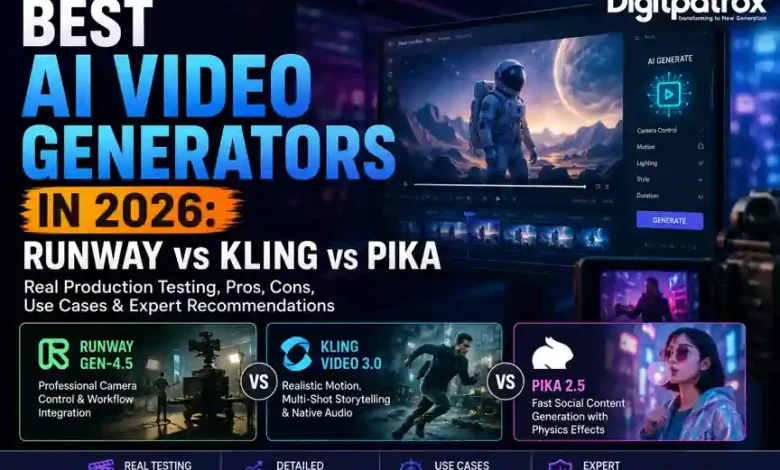 Comparison of the best AI video generators in 2026 featuring Runway Gen-4.5, Kling VIDEO 3.0, and Pika 2.5 with production testing, features, and use cases.