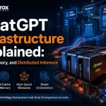 Illustration of ChatGPT infrastructure showing GPU clusters, KV cache, memory, high-speed networks, and distributed inference powering AI responses.