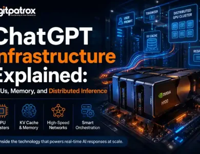 Illustration of ChatGPT infrastructure showing GPU clusters, KV cache, memory, high-speed networks, and distributed inference powering AI responses.
