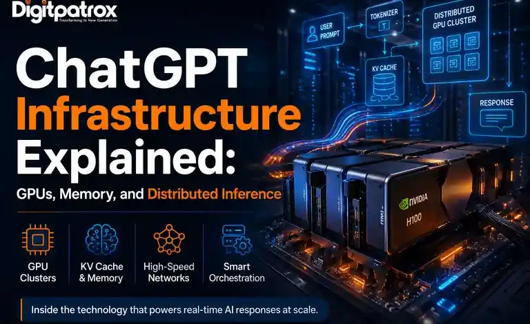 Illustration of ChatGPT infrastructure showing GPU clusters, KV cache, memory, high-speed networks, and distributed inference powering AI responses.