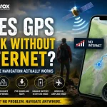 Illustration showing how GPS works without internet using satellite signals, offline maps, and smartphone navigation.