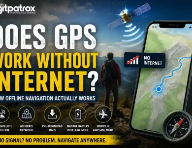 Illustration showing how GPS works without internet using satellite signals, offline maps, and smartphone navigation.