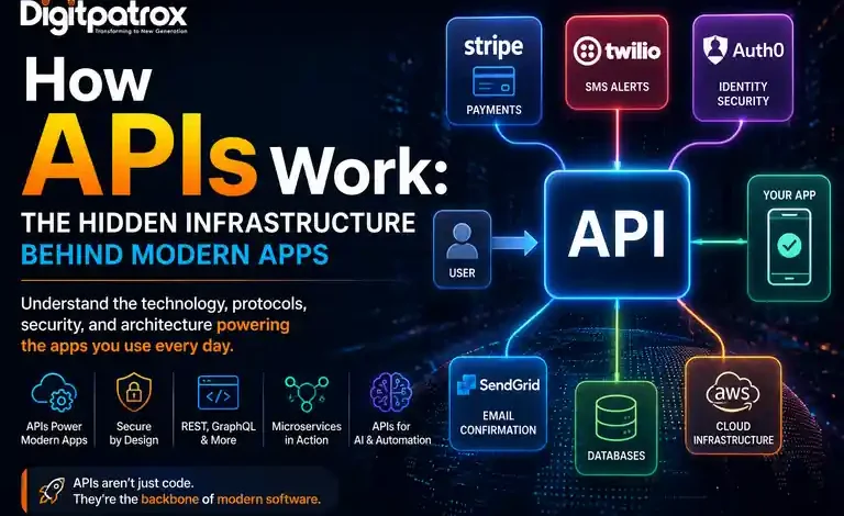 Featured illustration showing how APIs connect modern applications with payment systems, authentication services, messaging platforms, databases, and cloud infrastructure.