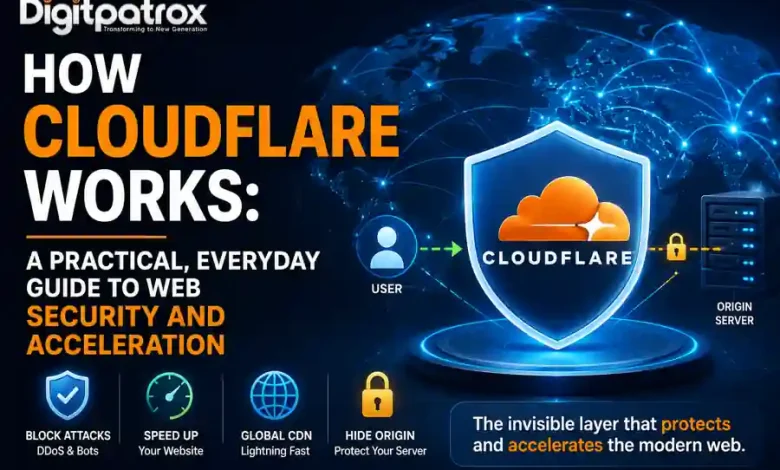 Illustration showing how Cloudflare protects and accelerates websites by routing user traffic through its global network before reaching the origin server.
