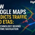 Illustration showing how Google Maps predicts traffic and ETAs using AI, graph neural networks, real-time traffic data, and navigation algorithms.