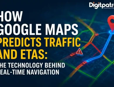 Illustration showing how Google Maps predicts traffic and ETAs using AI, graph neural networks, real-time traffic data, and navigation algorithms.