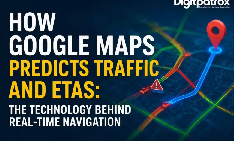 Illustration showing how Google Maps predicts traffic and ETAs using AI, graph neural networks, real-time traffic data, and navigation algorithms.