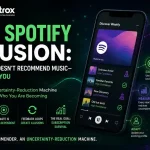 Featured image for an article about Spotify's recommendation algorithm, showing a smartphone with a Discover Weekly-style interface, AI-inspired graphics, and the headline "The Spotify Illusion" explaining how Spotify models user behavior and taste drift rather than simply recommending songs.