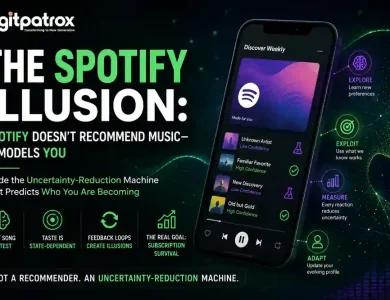 Featured image for an article about Spotify's recommendation algorithm, showing a smartphone with a Discover Weekly-style interface, AI-inspired graphics, and the headline "The Spotify Illusion" explaining how Spotify models user behavior and taste drift rather than simply recommending songs.