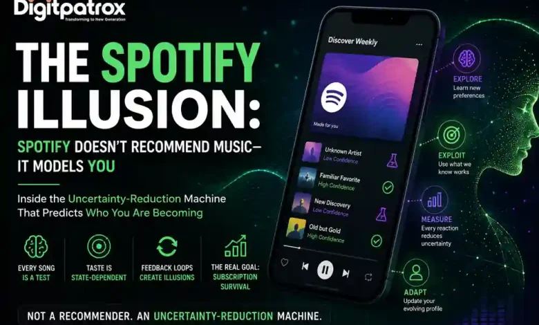 Featured image for an article about Spotify's recommendation algorithm, showing a smartphone with a Discover Weekly-style interface, AI-inspired graphics, and the headline "The Spotify Illusion" explaining how Spotify models user behavior and taste drift rather than simply recommending songs.