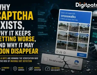 Featured image showing an AI-powered robot solving a CAPTCHA challenge while modern websites transition to invisible bot detection and risk-based verification systems.