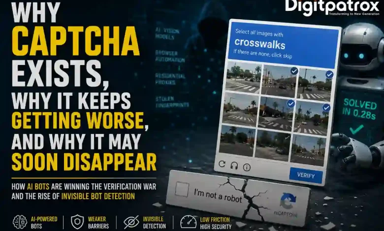 Featured image showing an AI-powered robot solving a CAPTCHA challenge while modern websites transition to invisible bot detection and risk-based verification systems.