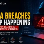 Featured image for an article about data breaches showing a hacker silhouette, a laptop displaying a data breach warning, login credentials, a padlock, and the Digitpatrox logo. The image highlights identity attacks, cloud misconfigurations, third-party risks, and enterprise security debt.