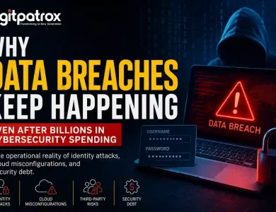 Featured image for an article about data breaches showing a hacker silhouette, a laptop displaying a data breach warning, login credentials, a padlock, and the Digitpatrox logo. The image highlights identity attacks, cloud misconfigurations, third-party risks, and enterprise security debt.