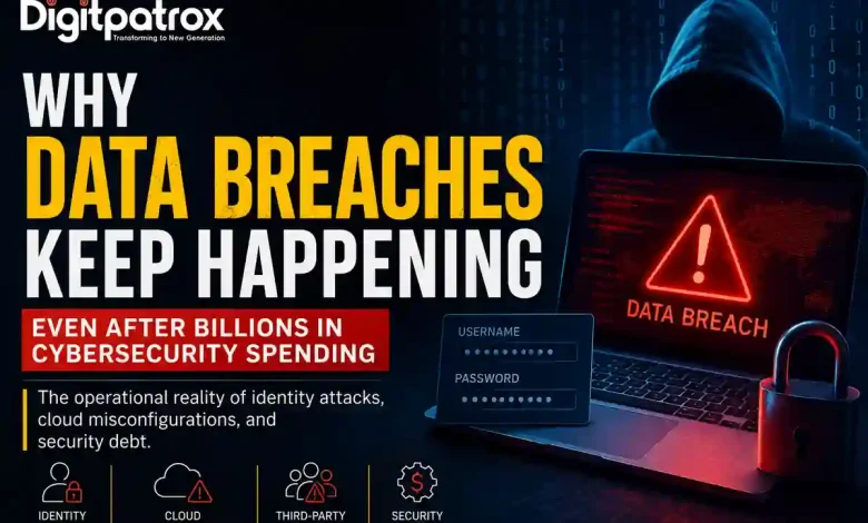 Featured image for an article about data breaches showing a hacker silhouette, a laptop displaying a data breach warning, login credentials, a padlock, and the Digitpatrox logo. The image highlights identity attacks, cloud misconfigurations, third-party risks, and enterprise security debt.