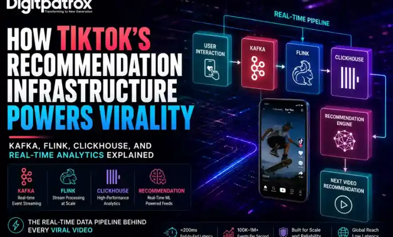 A comprehensive architectural diagram mapping out a real-time media recommendation system, showcasing the interaction data flow between frontend client apps, data ingestion feature pipelines, real-time streaming engines, and online inference loops.