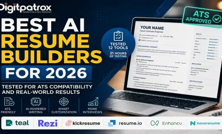 Featured image showing the best AI resume builders for 2026, including Teal, Rezi, Kickresume, Resume.io, Enhancv, and Novorésumé, tested for ATS compatibility and real-world resume performance.