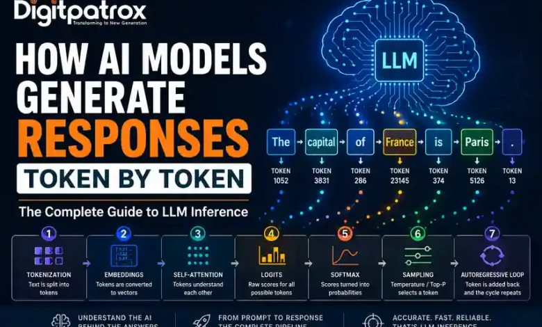 Featured illustration explaining how AI models generate responses token by token, showing the LLM inference pipeline including tokenization, embeddings, self-attention, logits, softmax, sampling, and autoregressive decoding.