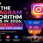 Illustration explaining how the Instagram algorithm works in 2026, showing the AI recommendation pipeline, candidate retrieval, ranking system, and business logic for Feed, Reels, and Explore.