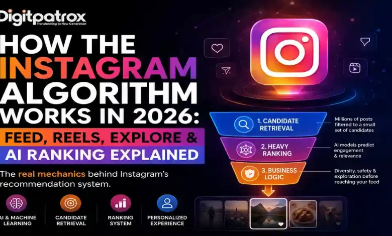 Illustration explaining how the Instagram algorithm works in 2026, showing the AI recommendation pipeline, candidate retrieval, ranking system, and business logic for Feed, Reels, and Explore.