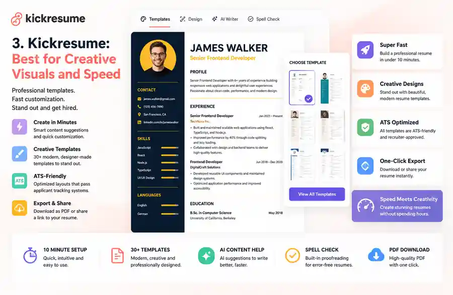 Illustration of the Kickresume AI resume builder showing creative resume templates, AI writing assistance, ATS-friendly layouts, and one-click PDF export.