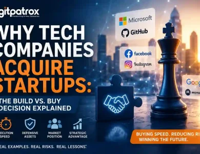 Featured image illustrating why tech companies acquire startups, highlighting the build vs. buy strategy with Microsoft, GitHub, Facebook, Instagram, Google, and Motorola examples.