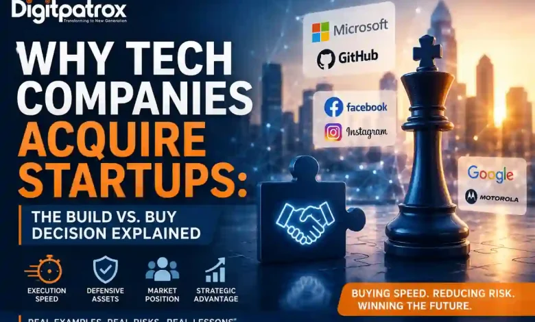 Featured image illustrating why tech companies acquire startups, highlighting the build vs. buy strategy with Microsoft, GitHub, Facebook, Instagram, Google, and Motorola examples.